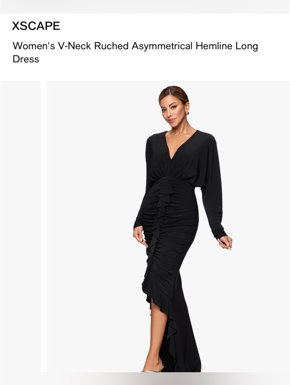 XSCAPE Modest Black V-Neck Ruched Asymmetrical Hemline Long Gown Dolman Sleeve 8 - Picture 2 of 7